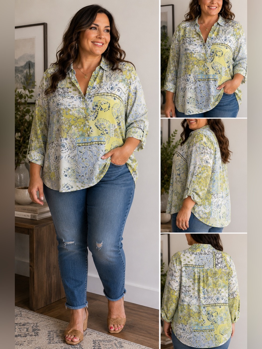 Cynthia Rowley Patchwork Floral Paisley Blouse 1X Plus Size Cottagecore